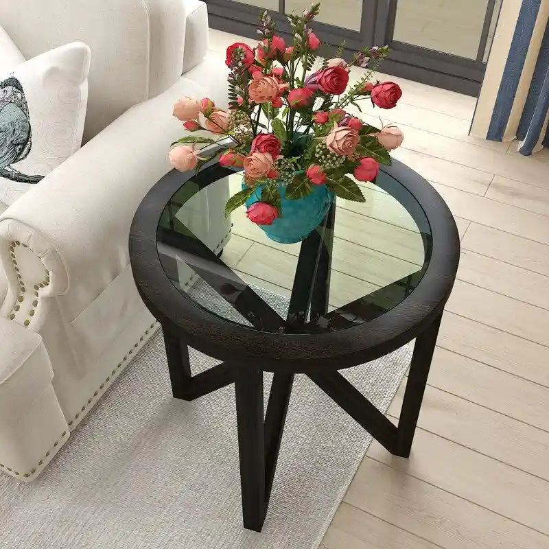 Table basse moderne en verre avec base en bois massif en croix, table d'appoint
