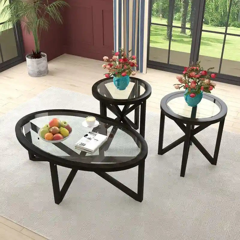 Table basse moderne en verre avec base en bois massif en croix, table d'appoint