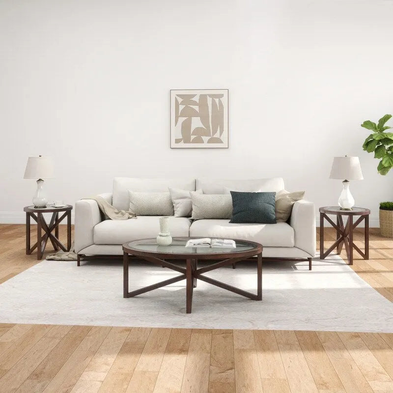 Table basse moderne en verre avec base en bois massif en croix, table d'appoint