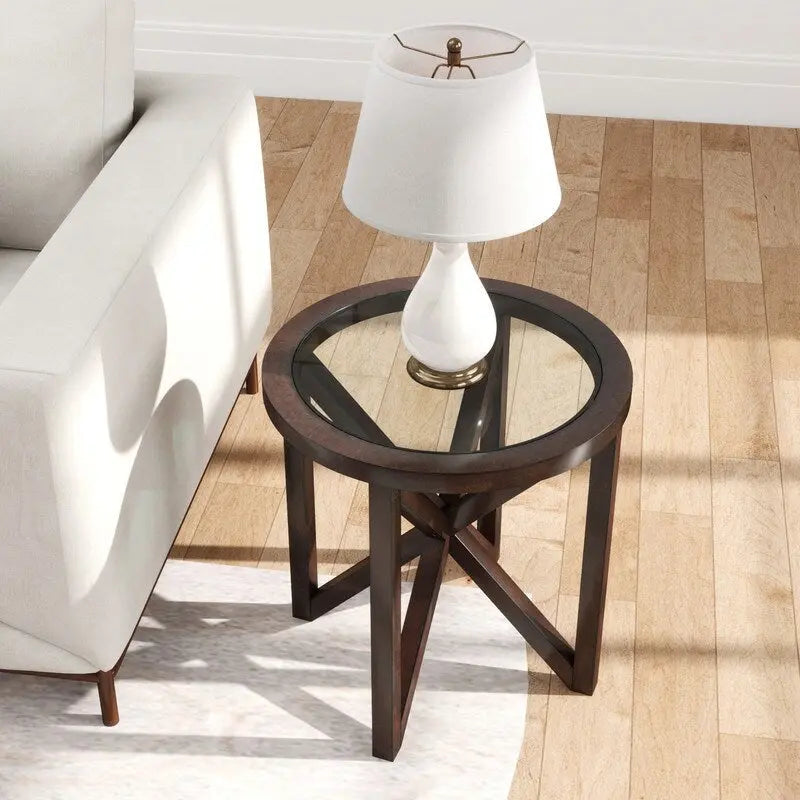 Table basse moderne en verre avec base en bois massif en croix, table d'appoint