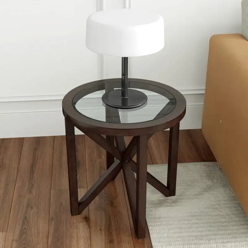 Table basse moderne en verre avec base en bois massif en croix, table d'appoint