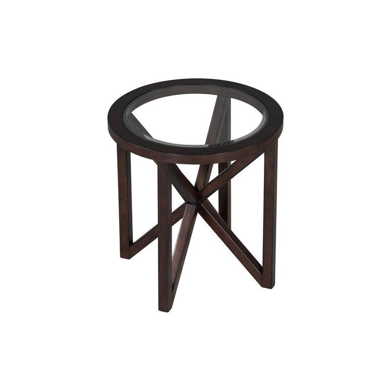 Table basse moderne en verre avec base en bois massif en croix, table d'appoint