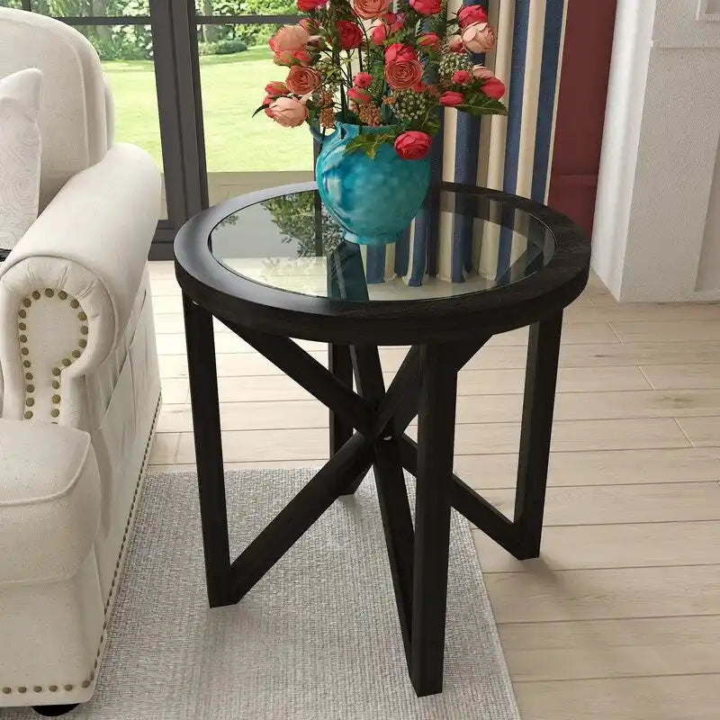 Table basse moderne en verre avec base en bois massif en croix, table d'appoint