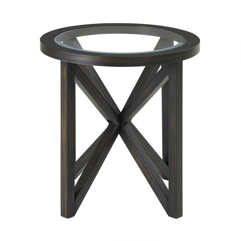 Table basse moderne en verre avec base en bois massif en croix, table d'appoint