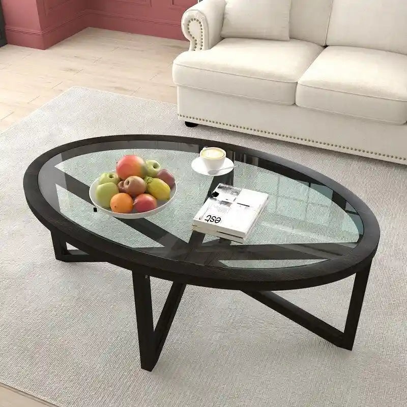 Table basse moderne en verre avec base en bois massif en croix, table d'appoint