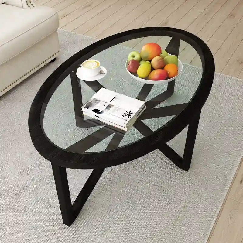 Table basse moderne en verre avec base en bois massif en croix, table d'appoint