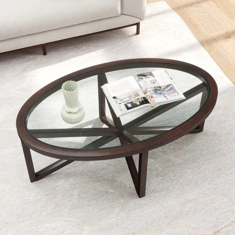 Table basse moderne en verre avec base en bois massif en croix, table d'appoint