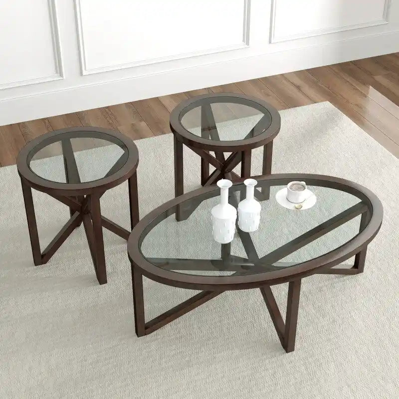 Table basse moderne en verre avec base en bois massif en croix, table d'appoint