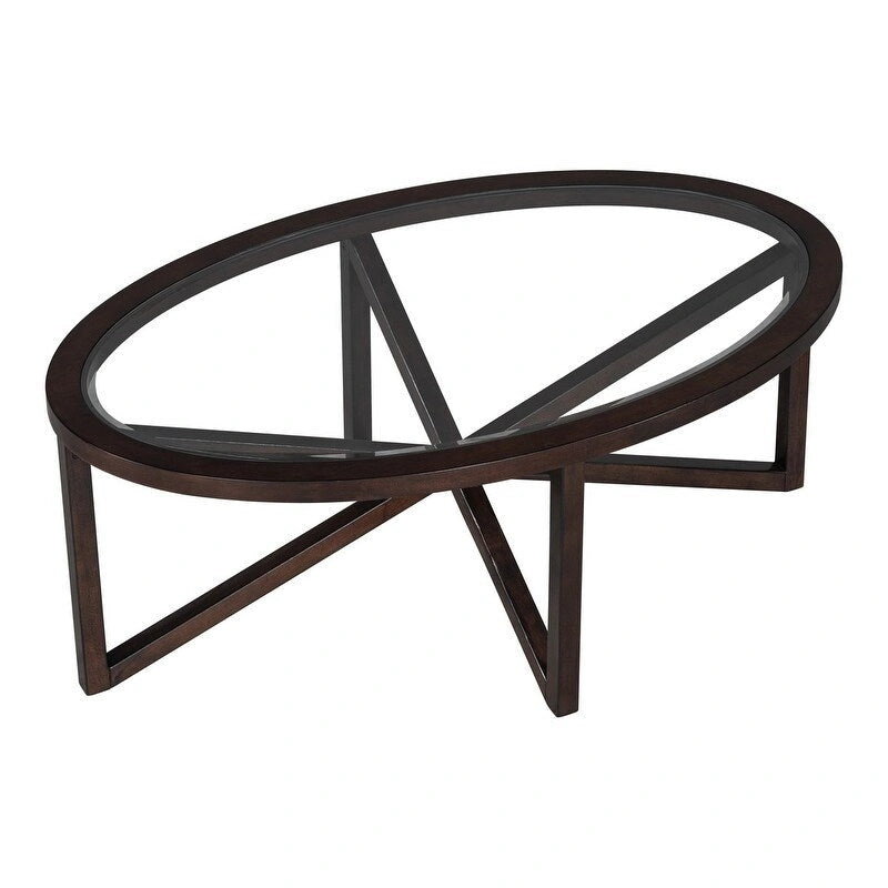 Table basse moderne en verre avec base en bois massif en croix, table d'appoint