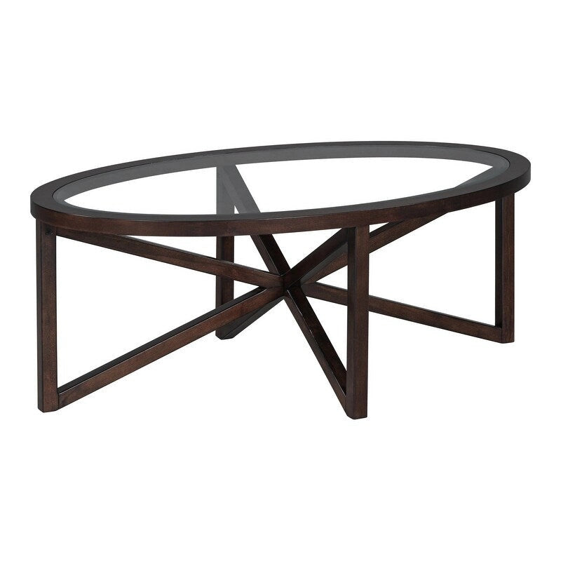 Table basse moderne en verre avec base en bois massif en croix, table d'appoint