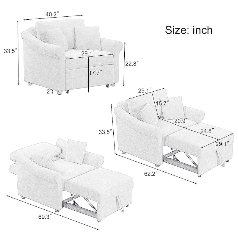 Fauteuil convertible en chenille avec dossier réglable, fauteuil de relaxation 3 en 1 se transformant en lit, lit simple pour salon