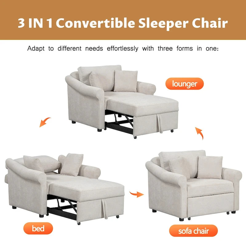 Fauteuil convertible en chenille avec dossier réglable, fauteuil de relaxation 3 en 1 se transformant en lit, lit simple pour salon